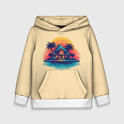 Толстовка-худи детская Дом и пальмы на фоне заката, цвет: 3D-белый