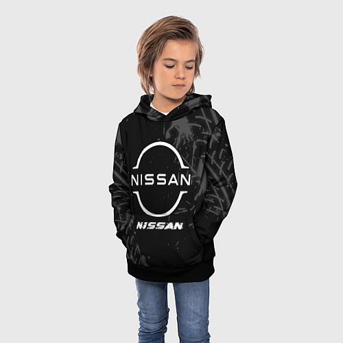 Детская толстовка Nissan speed на темном фоне со следами шин / 3D-Черный – фото 3