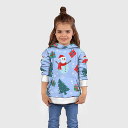 Толстовка-худи детская Снеговики с новогодними подарками паттерн, цвет: 3D-белый — фото 2