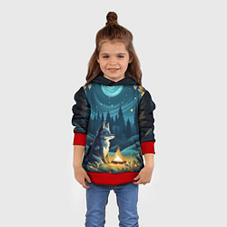 Толстовка-худи детская Волк у костра в стиле фолк-арт, цвет: 3D-красный — фото 2
