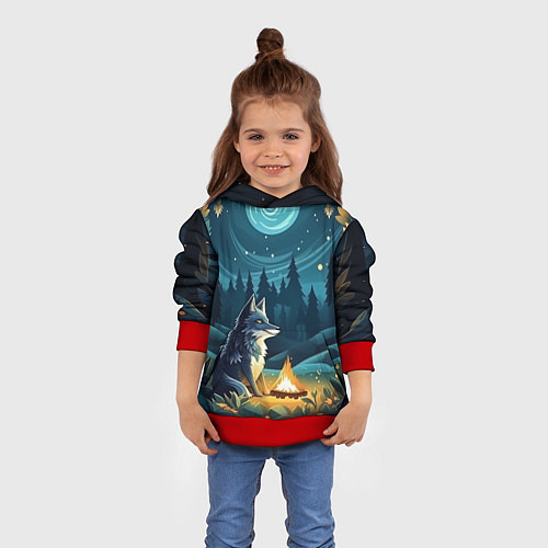 Детская толстовка Волк у костра в стиле фолк-арт / 3D-Красный – фото 4
