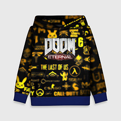 Толстовка-худи детская Doom золотые логотипы игр, цвет: 3D-синий