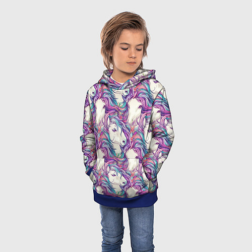 Детская толстовка Морды лошади фиолетовый паттерн / 3D-Синий – фото 3