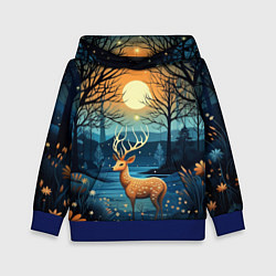 Толстовка-худи детская Олень в ночном лесу фолк-арт, цвет: 3D-синий