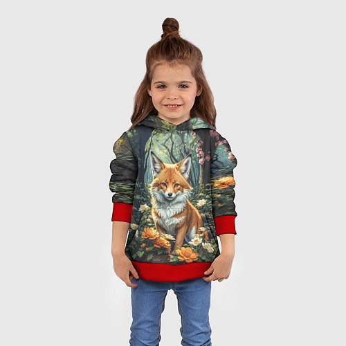 Детская толстовка Лисица в лесу в цветах / 3D-Красный – фото 4
