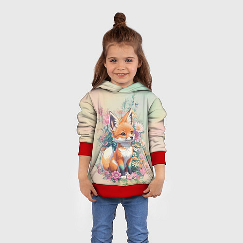 Детская толстовка Милый лисёнок в цветах / 3D-Красный – фото 4