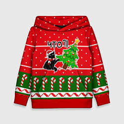 Толстовка-худи детская Вредный котик роняет новогоднюю ёлку, цвет: 3D-красный