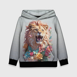Толстовка-худи детская Голова льва в цветах на холсте, цвет: 3D-черный
