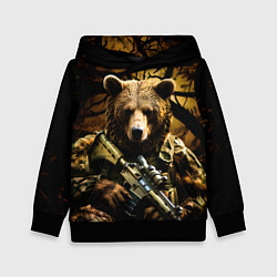Толстовка-худи детская Медведь солдат в дремучем лесу, цвет: 3D-черный