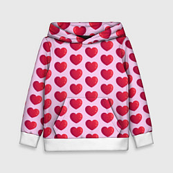 Толстовка-худи детская Красные сердца на розовом фоне, цвет: 3D-белый