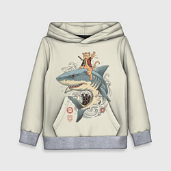 Толстовка-худи детская Кот якудза верхом на акуле, цвет: 3D-меланж