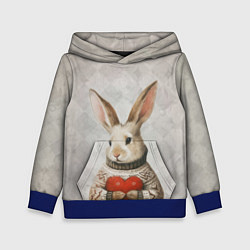 Толстовка-худи детская Влюблённый кролик в свитере с сердцем, цвет: 3D-синий