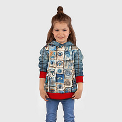 Толстовка-худи детская Глаза на пэчворк дениме, цвет: 3D-красный — фото 2