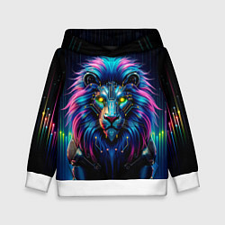 Толстовка-худи детская Неоновый лев в стиле киберпанк, цвет: 3D-белый