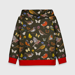 Толстовка-худи детская Птицы и бабочки с цветами паттерн, цвет: 3D-красный
