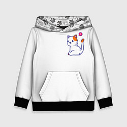 Толстовка-худи детская Милый кот обиделся с разбитым сердечком, цвет: 3D-черный