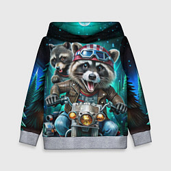 Толстовка-худи детская Модный енот байкер на мотоцикле, цвет: 3D-меланж
