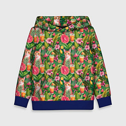 Детская толстовка Летний котик с коктейлем в тропических цветах