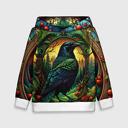 Толстовка-худи детская Скандинавский ворон лесной узор, цвет: 3D-белый