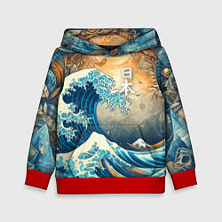 Толстовка-худи детская Коллаж с Японской волной - нейросеть, цвет: 3D-красный