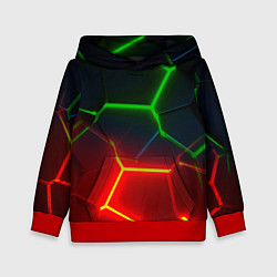 Толстовка-худи детская Зеленые и красные неоновые плиты в разломе, цвет: 3D-красный