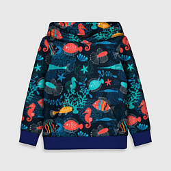 Толстовка-худи детская Морские рыбы паттерн, цвет: 3D-синий