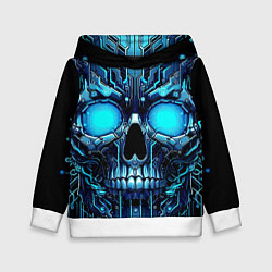 Толстовка-худи детская Неоновый кибер череп - нейроарт микросхема, цвет: 3D-белый