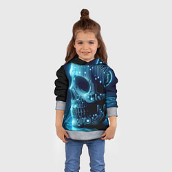 Толстовка-худи детская Cyber neon skull - ai art с дорожками на плате, цвет: 3D-меланж — фото 2