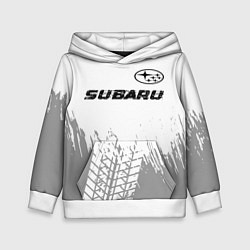 Толстовка-худи детская Subaru speed на светлом фоне со следами шин посере, цвет: 3D-белый