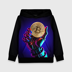 Толстовка-худи детская Биткойн в руке киборга, цвет: 3D-черный