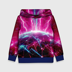 Толстовка-худи детская Неоновые молнии ударяют в планету - нейроарт, цвет: 3D-синий