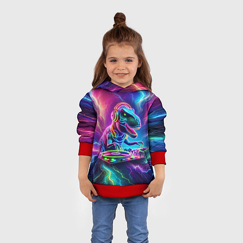 Детская толстовка Tyrannosaur DJ - neon glow / 3D-Красный – фото 4