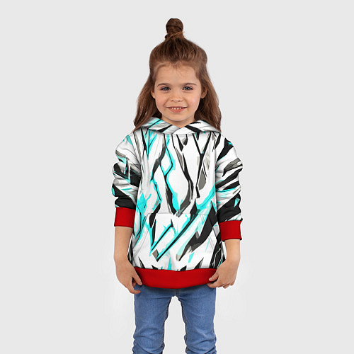 Детская толстовка Чёрно-голубые агрессивные полосы на белом фоне / 3D-Красный – фото 4