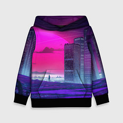 Толстовка-худи детская Synthwave неоновый город, цвет: 3D-черный
