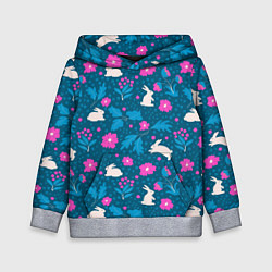 Толстовка-худи детская Зайцы и цветы на синем фоне, цвет: 3D-меланж