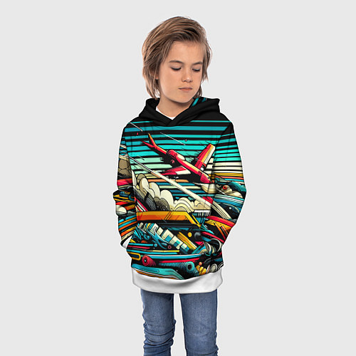 Детская толстовка Абстракция с красным самолётом - нейроарт / 3D-Белый – фото 3