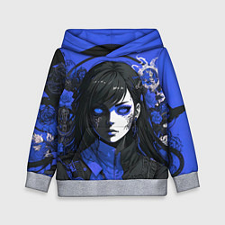 Толстовка-худи детская Девушка в стиле аниме в куртке на голубом фоне, цвет: 3D-меланж