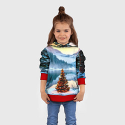 Толстовка-худи детская Новогодняя елочка на берегу озера, цвет: 3D-красный — фото 2