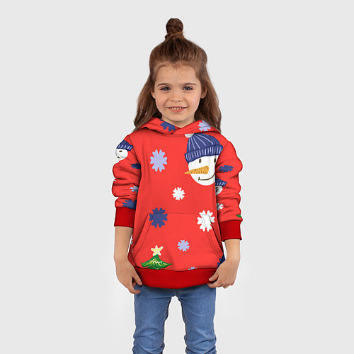 Детская толстовка Новогодний узор со снеговиком и снежинками / 3D-Красный – фото 4
