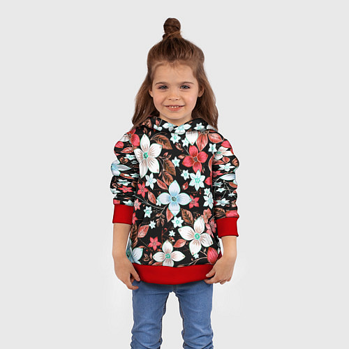 Детская толстовка Красно-белые цветы на чёрном фоне / 3D-Красный – фото 4