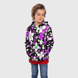 Толстовка-худи детская Фиолетово-белые цветы на чёрном фоне, цвет: 3D-красный — фото 2