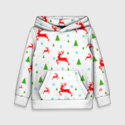 Толстовка-худи детская Новогодние олени с ёлками, цвет: 3D-белый