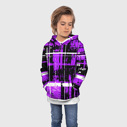 Детская толстовка Фиолетово-белый гранж на чёрном фоне / 3D-Белый – фото 3