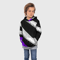 Толстовка-худи детская Диагональные чёрно-белые полосы на фиолетовом фоне, цвет: 3D-меланж — фото 2