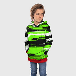 Толстовка-худи детская Горизонтальные чёрно-белые линии на зелёном фоне, цвет: 3D-красный — фото 2