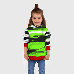Толстовка-худи детская Горизонтальные чёрно-белые линии на зелёном фоне, цвет: 3D-красный — фото 2