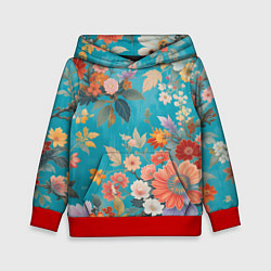 Толстовка-худи детская Цветочки на голубом фоне, цвет: 3D-красный