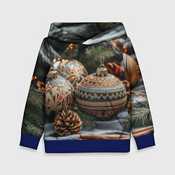 Толстовка-худи детская Новогодние шары и шишки, цвет: 3D-синий