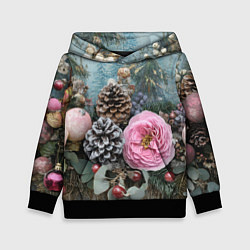 Толстовка-худи детская Новогодние цветы и шишки, цвет: 3D-черный
