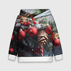 Толстовка-худи детская Новогодние украшения на ветках, цвет: 3D-белый